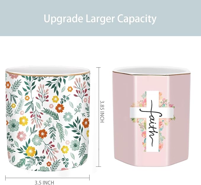 Desk Pen and Pencil Holder, Ceramic Multifunctional Organizer for Home, Office, and School, Green Floral Pattern - Image 4