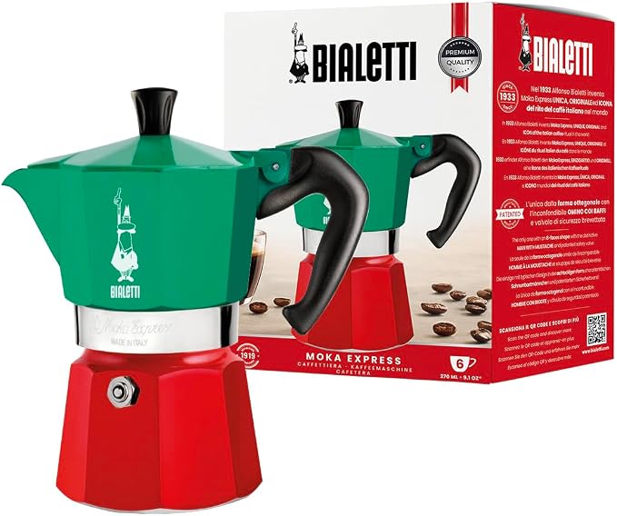Bialetti - Moka Express Italia Collection: Iconic Stovetop Espresso Maker, Makes Real Italian Coffee, Moka Pot 6 Cups (9 Oz - 270 Ml), Aluminium, Colored in Red Green Silver by Bialetti
