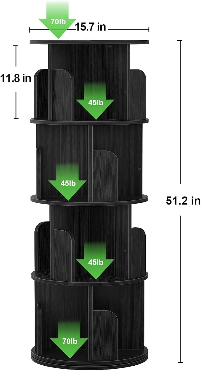 Aheaplus Rotating Bookshelf, 360 Revolving Bookshelf Tower for Small Space, 4 Tier Floor Standing Bookcase Storage Rack, Wood Narrow Book Shelf Organizer for Bedroom, Living Room, Study Room, Black - Image 3