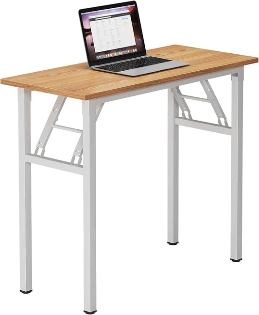 Need Small Computer Desk 31.5 in Folding Home Office Table Teak | White Frame Writing Gaming Work Table/Sturdy Foldable Study Table for Small Space/Dormitory, No Assembly Required by Need