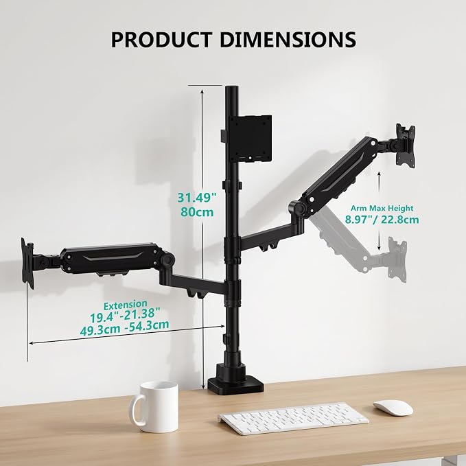 WALI Triple Monitor Mount, up to 49'' Ultrawides on Top Bracket and 34'' Screens on Side Brackets, Extra Tall 3 Monitors Desk Mount, Heavy Duty Monitor Arm up to 44 lbs (GSDM003N-P), Black - Image 4