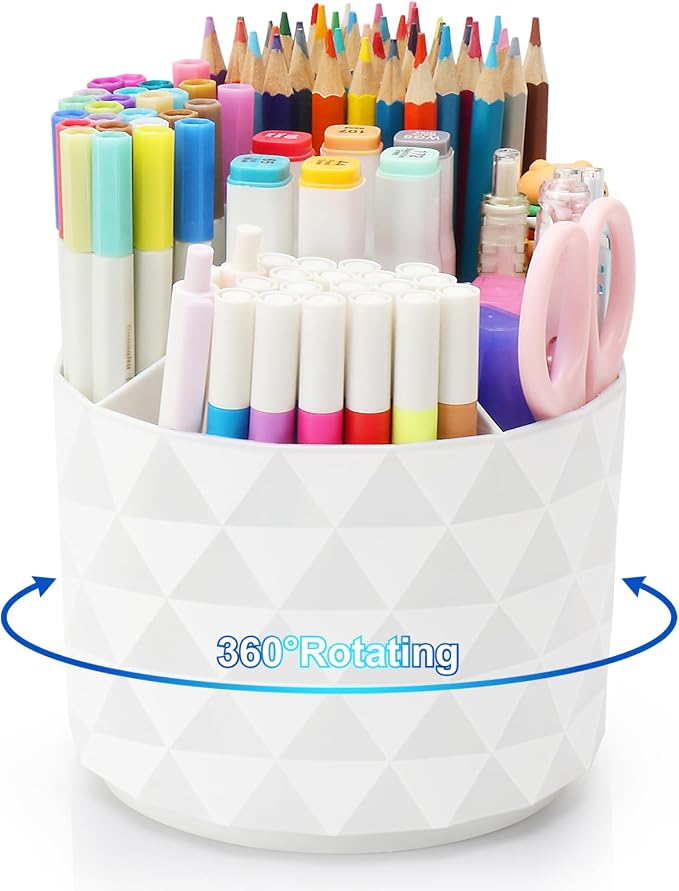 Desk Organizer, 360-Degree Rotating Pencil Pen Holders For Desk, Diamond Pattern Pen Organizer With 5 Compartments, Cute Desk Accessories Decor For Office, School,Home,Art Supply (White) by NUOZME