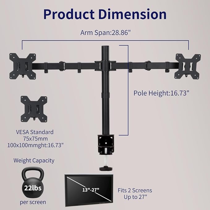 Black Dual Monitor Arm Mount for 13-27 Inch Screens | Ultrawide Screens Up to 34 inch Fully Adjustable Stand with C-Clamp/Grommet Base Max VESA 100x100 Each Screen Capacity 22lbs - Image 4