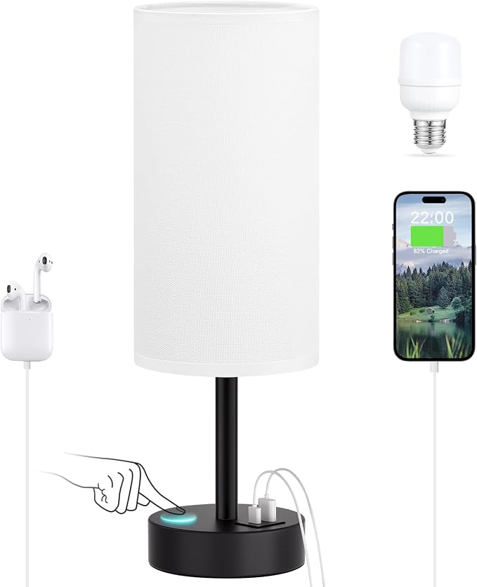 Dicoool Bedside Table Lamp for Bedroom - 3-Way Dimmable Touch Lamp, USB A+C | LED Bulb Included, 14" Small Nightstand Lamp for Desk, Living Room, Guest Room, White Fabric Lampshade, Black Metal Base - Image 7