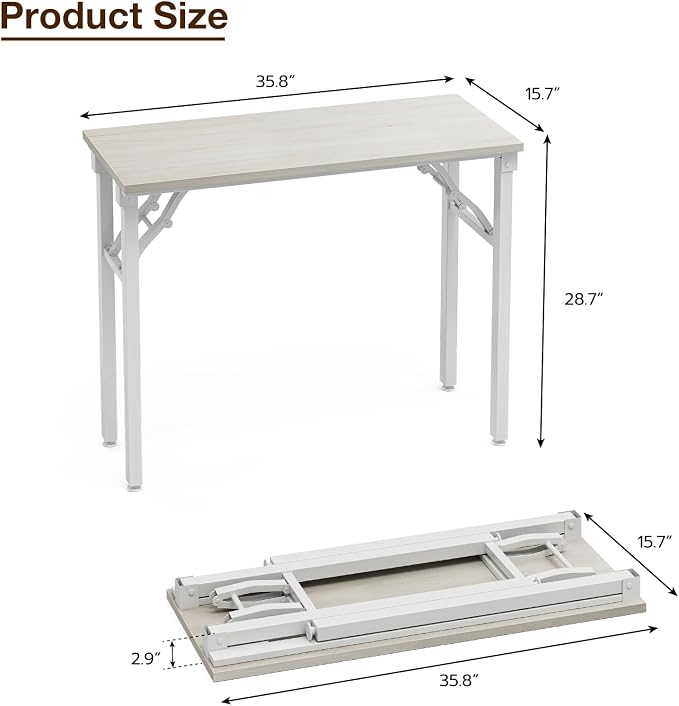 TEMI Small Computer Desk Folding Table - 35.8" Foldable Office Desk, No Assembly, Perfect for Small Spaces in Bedroom, Dorm, or Apartment, Portable Mini Desk or Study Table Compact Design, White Ash - Image 3