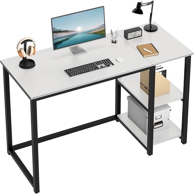 SINPAID Computer Desk 47 inches with 2-Tier Shelves Sturdy Home Office Desk with Large Storage Space Modern Gaming Desk Study Writing Laptop Table, White Desk by SINPAID