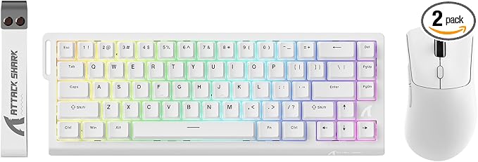 ATTACK SHARK X68 HE 60% Wired RT 8K Keyboard and Wireless R1 Mouse-White | Adjustable Actuation,Hall Effect Mechanical Magnetic Switch,Coiled Cable,USB C/2.4Ghz/BT Ultralight 18K DPI Mice for PC Gamer by ATTACKSHARK