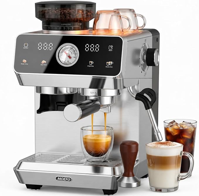 Espresso Machine with Grinder, 20-Bar Programmable Semi-Automatic Coffee Maker, Visual Pressure Gauge & Touchscreen, Compact Design with Tamper, Make Americano, Latte, Cold Brew, Silver by MOEFO