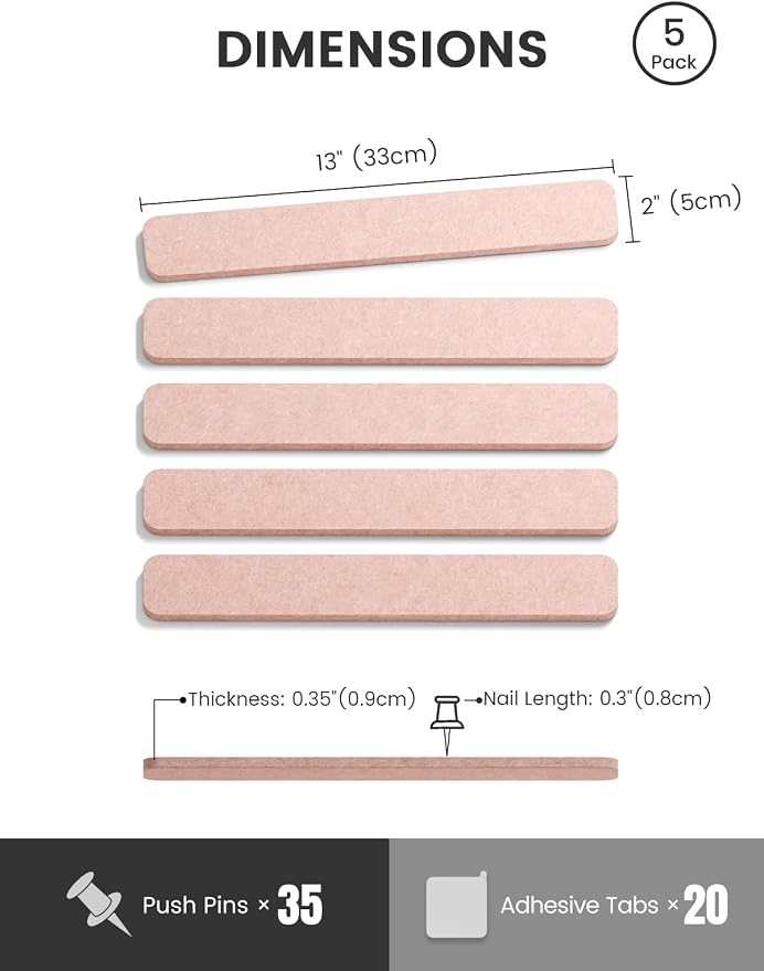 Fluxynara 13" x 2" Felt Wall Panels, Pink | 5-Pack Cork Board Alternative with 35 Push Pins, Adhesive Mounting for Bedroom Door or Home Office - Image 2