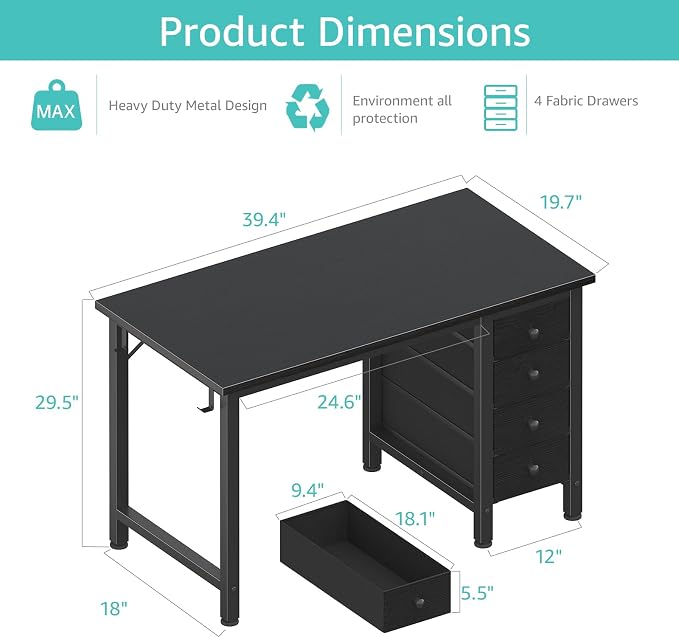 Lufeiya Small Gaming Desk with 4 Drawers, 40 Inch Kids Girls Teen Cute Study Desk for Bedroom, Reversible Work Computer Writing Table Desks for Small Space Home Office, Black - Image 3