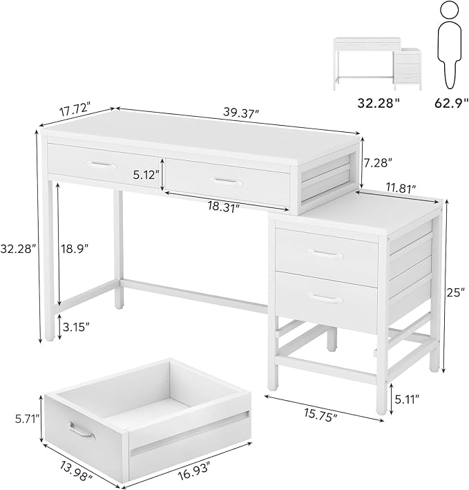 Tribesigns Computer Desk with 5 Drawers, Reversible Home Office Desks | Small Desk with Drawer Cabinet Printer Stand, PC Desk with Storage, White Study Writing Table Workstation for Small Spaces - Image 2