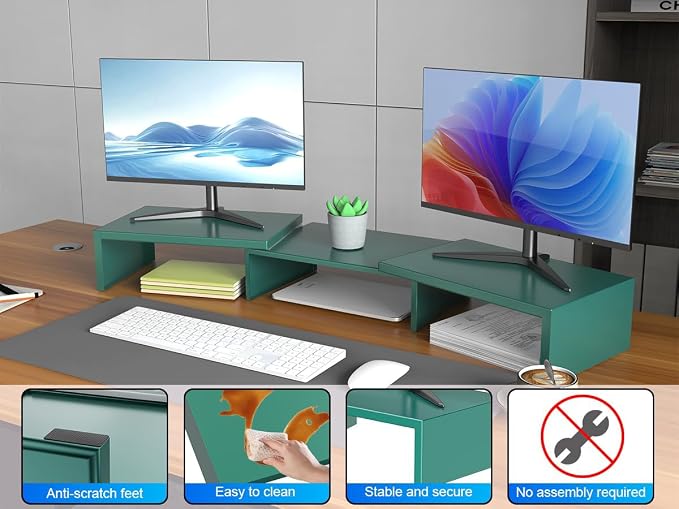 Dual Monitor Stand for Desk, Metal Computer Stand, Desk Shelf Riser,Desktop Organizer for Home and Office Use (Green) - Image 6