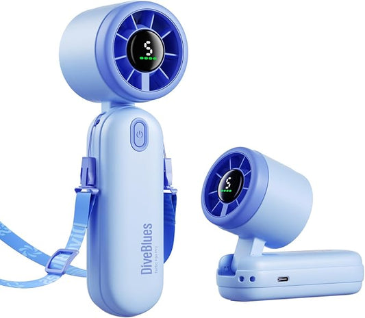 Diveblues Mini Handheld Fan, 30ft/s Portable Turbo Fan [12H Max Cooling], 4000mAh Personal Fan with LED Display, 3-in-1 Hand Held/Neck/Desk Fan for Travel, Cruise, Disney Essentials by Diveblues