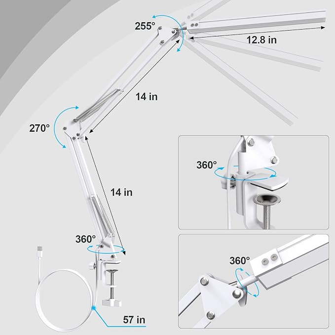 Upgrade Swing Arm LED Desk Lamp with Clamp, 80 LED Beads, 5 Color Modes & 11 Brightness Levels, 360° Adjustable Arm, Eye-Caring Light CRI95, Timer & Memory Function, for Office, Study, Crafting - Image 3