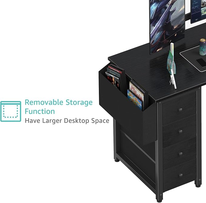 Lufeiya L Shaped Gaming Desk with Power Outlet, 47 Inch Reversible Corner Computer Desk with Drawers & Storage Shelves for Home Office Bedroom, L-Shaped Teen PC Desks with Fabric Drawer, Black - Image 9