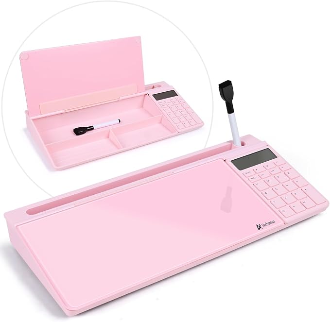 Varhomax Glass Desk Whiteboard Pink with Calculator, Desktop Dry Erase White Board with Storage, to Do List Memo Notepad for Home and Office by Varhomax