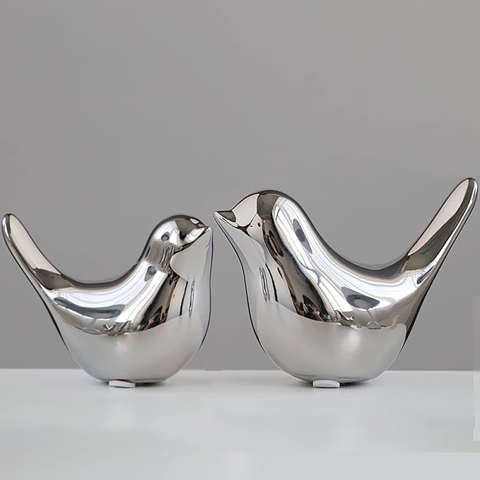 FANTESTICRYAN Small Birds Statues Gold Home Decor Modern Style Figurine Decorative Ornaments for Living Room, Bedroom, Office Desktop, Cabinets (M&L, Silver) by FANTESTICRYAN