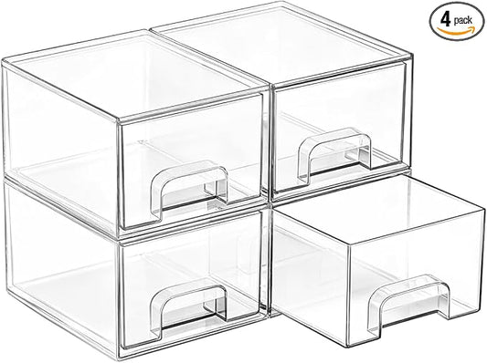 Vtopmart 4 Pack Small Clear Stackable Storage Drawers,Acrylic Bathroom Makeup Organizer,Plastic Storage Bins for Vanity, Undersink, Kitchen Cabinets, Pantry, Home Organization by Vtopmart