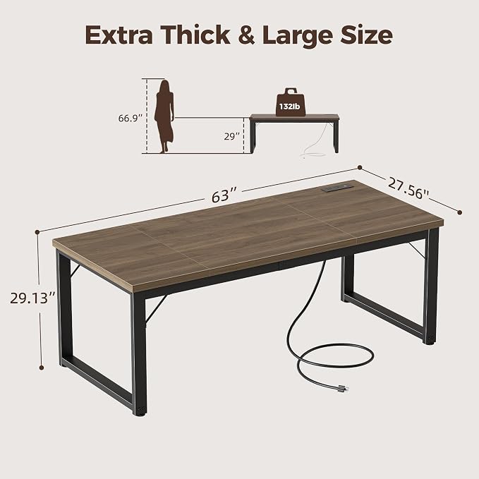 Mericonia 63x28 Inch Computer Desk w/Power Outlets, 1.2" Thick Office Table | Modern Simple Style, Heavy Duty Industrial Frame, Large Study & Writing Table for Home Bedroom Work, Walnut - Image 2