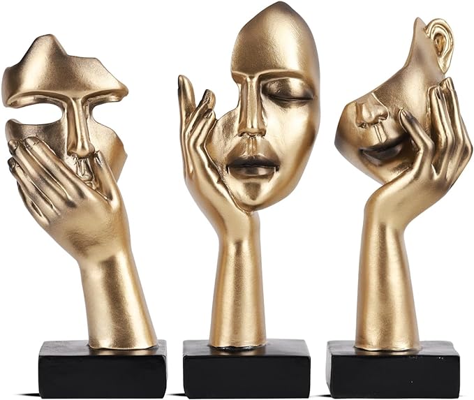 3 Pcs Thinker Small Statue Set - Black Gold Home Decor Abstract Art Figurines for Shelves, Living Room Coffee Table, Office Desktop (3 Pcs Gold, 6") by oliruim