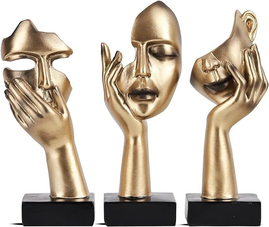 3 Pcs Thinker Small Statue Set - Black Gold Home Decor Abstract Art Figurines for Shelves, Living Room Coffee Table, Office Desktop (3 Pcs Gold, 6") by oliruim
