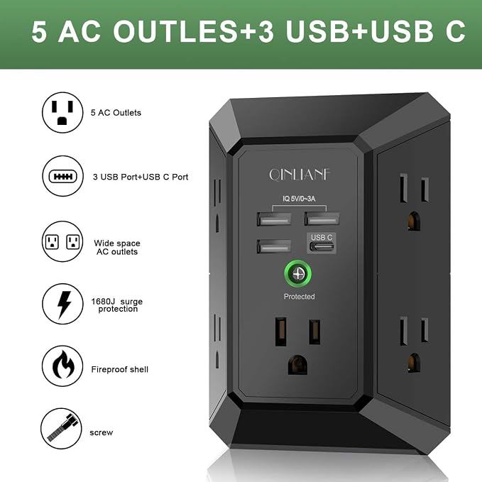 USB Wall Charger, Surge Protector, QINLIANF 5 Outlet Extender with 4 USB Charging Ports (4.8A Total) 3-Sided 1680J Power Strip Multi Plug Outlets Wall Adapter Spaced for Home Travel Office, Black - Image 2