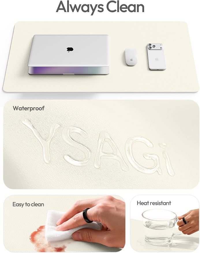 YSAGi Leather Desk Protector, Office Mat, Large Mouse Mat, Non-Slip PU Leather Blotter, Laptop Desk Mat, Waterproof Writing Pad for Office and Home(Cream, 42" x 17.2") - Image 7