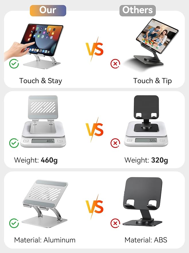 tounee Tablet Holder Stand, Dual Rod Adjustable Aluminum Desktop Stand, Compatible with 4.7-16.9" iPads, Surface Tablets, Portable Monitors, Kindle & More (Silver) - Image 5