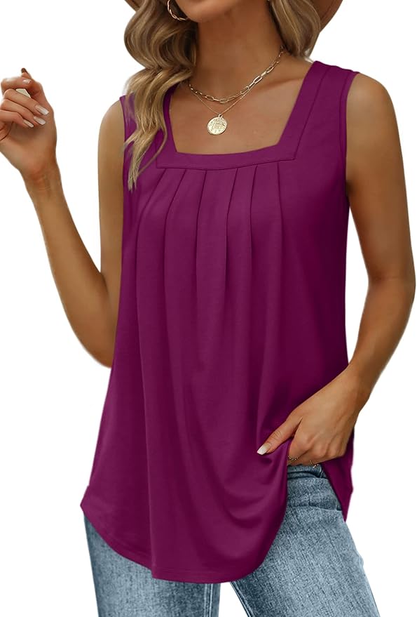 Saloogoe Summer Tank Tops for Women Loose Fit Pleated Square Neck Sleeveless Tops Curved Hem Flowy by Saloogoe