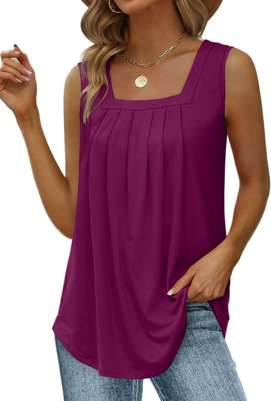 Saloogoe Summer Tank Tops for Women Loose Fit Pleated Square Neck Sleeveless Tops Curved Hem Flowy by Saloogoe