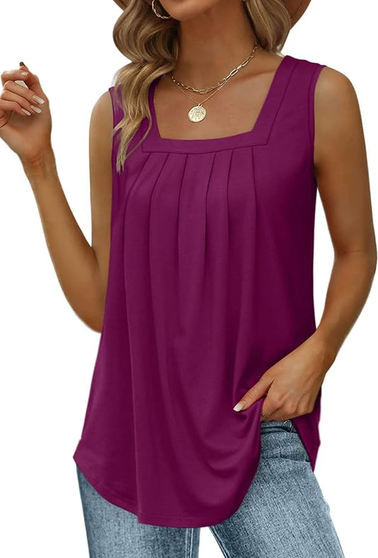 Saloogoe Summer Tank Tops for Women Loose Fit Pleated Square Neck Sleeveless Tops Curved Hem Flowy by Saloogoe