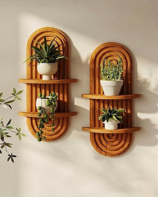 Bamworld Boho Wall Decor Brown Plant Wall Shelf, Mid Century Modern Decor Hanging Plant Shelf, 2-Tier Wooden Floating Shelves for Home, Bathroom Bedroom Living Room, Office Planter Decoration 2 pcs by Bamworld