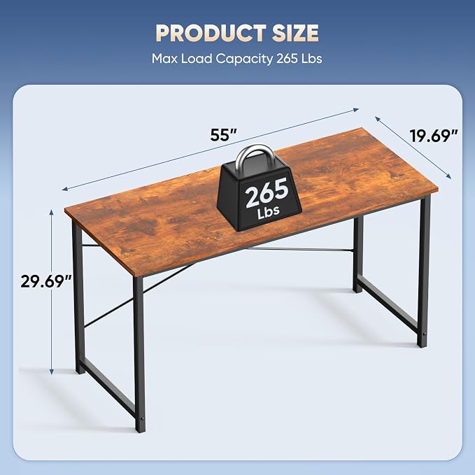 DUMOS 55 Inch Small Computer Desk, Gaming Desks for Home Office Bedroom | Modern Study Writing Work Table, Craft PC Desk Simple Workstation with Reinforcement Structure, Rustic Brown - Image 3