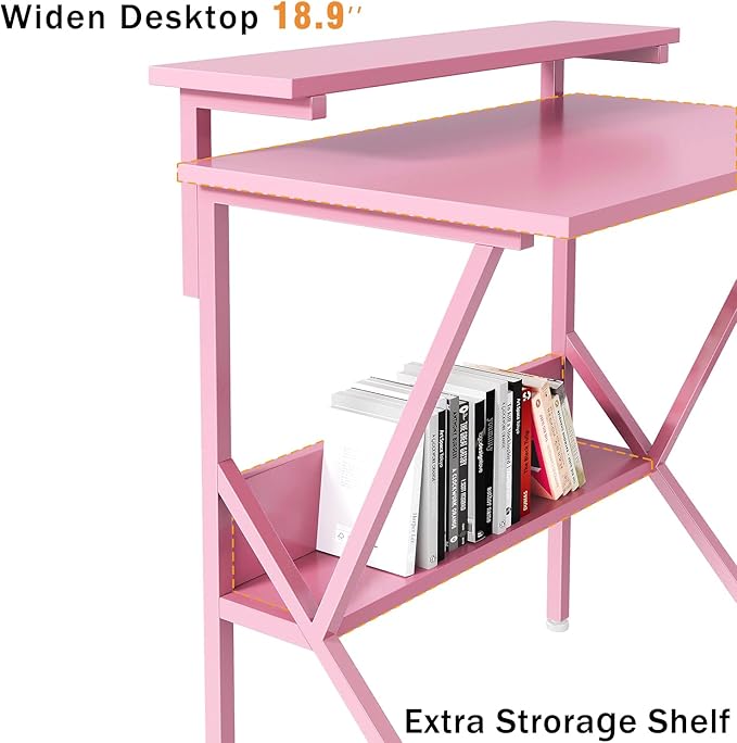 COTUBLR Small Desk, 27.5 Inch Small Computer Desk for Spaces, Computer Desks with Adjustable Monitor Stand, Compact Desks with Storage, Tiny Study Table for Bedroom Home Office, Pink - Image 4