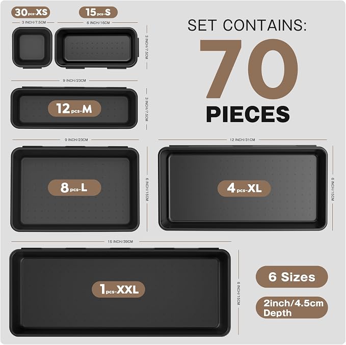 A-LUGEI【70】【6 Size】Tool Box Organizer Tray Divider Set, 【Black】 Desk Drawer Organizer, Garage Organization and Storage Toolbox Accessories Rolling Tool Chest Cart Cabinet WorkBench Small Part - Image 3
