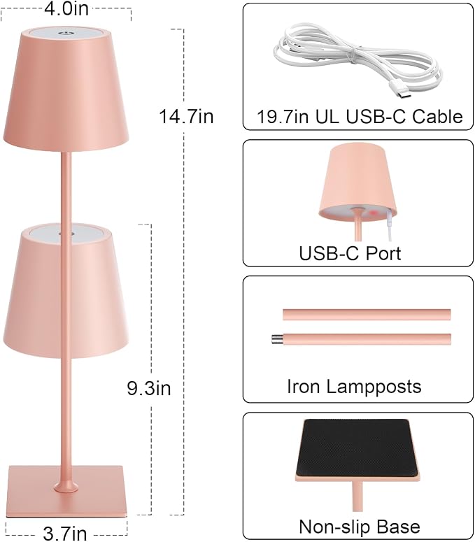 Kakanuo Pink Cordless Rechargeable Table Lamp 5000mAh Battery Operated Lamps, 3 Colors Stepless Dimming Touch Lamp for Living Room, Kitchen Counter, Dining, Outdoor Patio, 2 Pack - Image 5