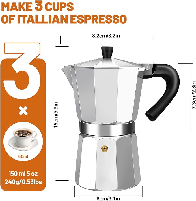 3 Cup Aluminum Espresso Stovetop Moka Pot Express Coffee Maker Percolator Italian Classic Mocha Coffee Machine for Italian and Cuban Cafe Brewing for Home & Camping 150ml 5oz - Image 2