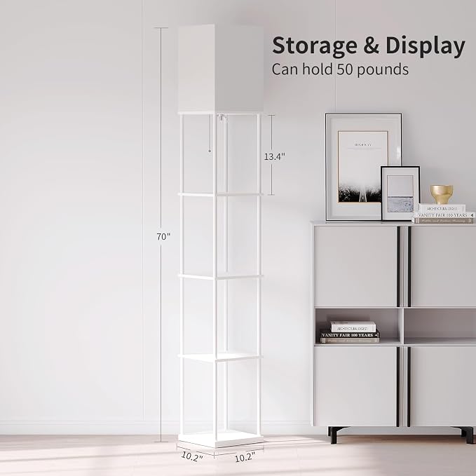 SUNMORY 5 Tier Floor Lamp with Shelves, Modern Square Standing Lamp with 3 Color Temperature Bulb, Corner Display Bookshelf Lamp for Living Room and Bedroom, Tall Shelf Floor Lamp White - Image 3