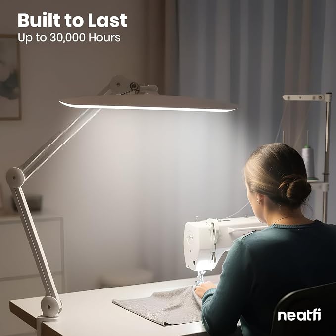 Neatfi XL 2200 Lumens 24W LED Desk Lamp – Shadow-Free Task Lighting | 4-Level Dimming | Home Office & Crafts Use | 20-Inch Wide Head (White, Non-CCT with Clamp) - Image 9