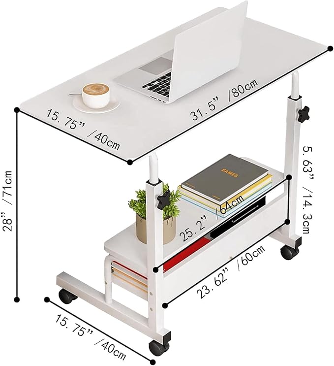 Adjustable Height Mobile Computer Desk for Small Space Rolling Writing with Wheels Corner Home Office Study Portable Bedrooms Work Size 31.5x15.7 Inch Storage Gaming Table, White A - Image 3