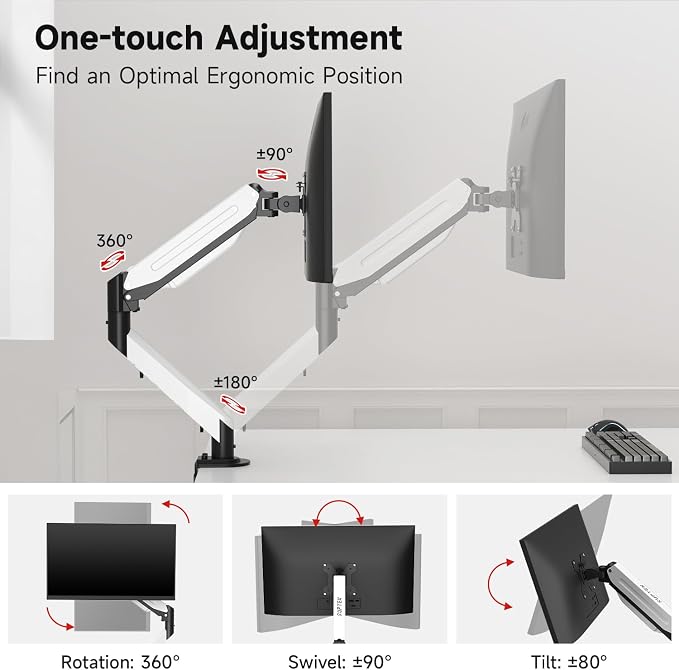 Suptek Monitor Mount Gas Spring Monitor Arm Desk Mount Fully Adjustable Fits 17 20 22 23 24 26 27 32 35 inch Monitors Weight Capacity up to 24.25 lbs (Black+White, 17"-35") - Image 3