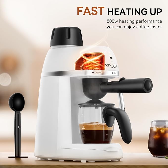 XIXUBX Compact Espresso & Cappuccino Machine, 3.5 Bar with Steam Wand | 800W Fast Heating, Safety Lock & Tritan Cup, One-Touch 4-Cup Brewing & Powerful Steam for Latte, White for Home & Office - Image 2