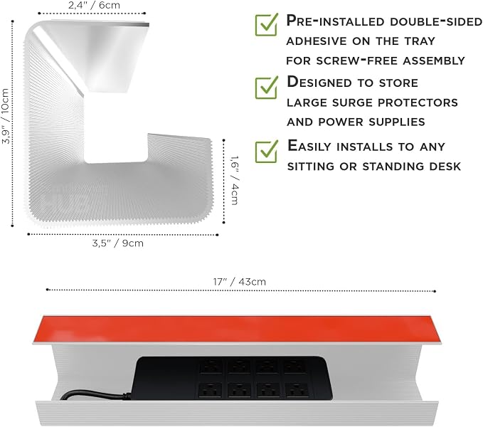 No-Screw Under Desk Cable Management Tray - Self-Adhesive Installation, Cord Management, Cable Tray, Under Desk Wire Organizer - White Set of 2 - Image 6