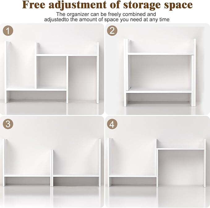 Desk Shelves Wood Desktop Orgnizer Shelf. Office Organization for Top of Desk Organizers and Accessories Bookshelf Shelving,Adjustable Tier H-Shape Mini Bookcase(White) - Image 6