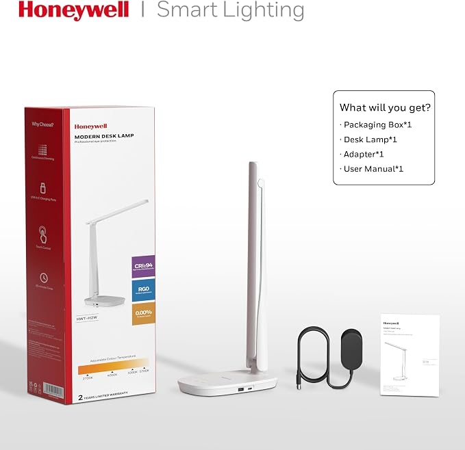 Honeywell HWT-H2 LED Desk Lamp for Home Office, CRI94 Full Spectrum Eye-Caring Light, Dimmable Table Lamp with USB-A & USB-C Charging Ports, Foldable Touch Control Reading Lamp, White - Image 7