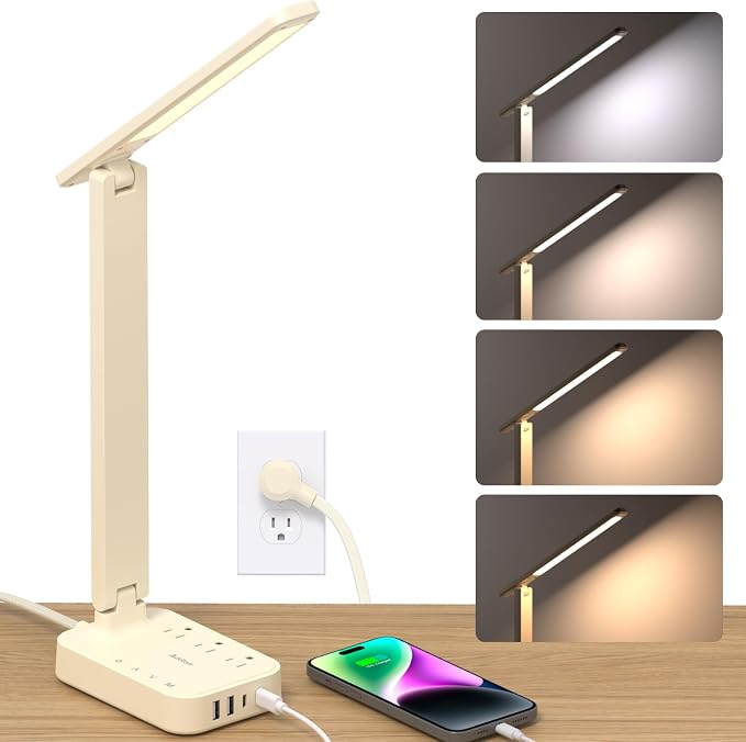 Addtam LED Desk Lamp, Power Strip with 3 Outlets 4 USB Charging Ports(2 USBC), 4 Modes 5 Level Brightness Touch Lamp, Small Desk Lamp for Home Office College Dorm Room Essentials, Cream by Addtam