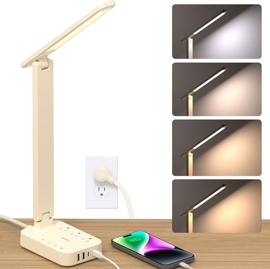 Addtam LED Desk Lamp, Power Strip with 3 Outlets 4 USB Charging Ports(2 USBC), 4 Modes 5 Level Brightness Touch Lamp, Small Desk Lamp for Home Office College Dorm Room Essentials, Cream by Addtam