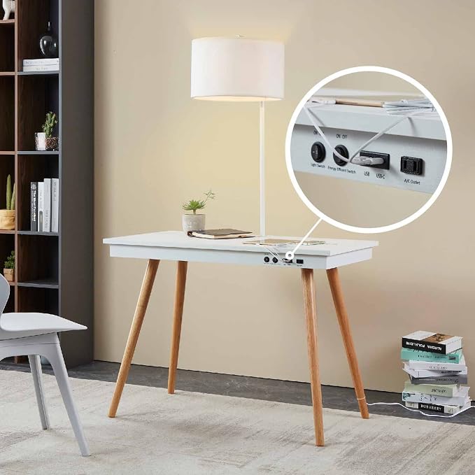 FENLO Future 39" Mid Century Modern Desk for Home Office, Office Desk with USB Charging Station, Wireless Charging, USB, USB-C Ports, White by FENLO