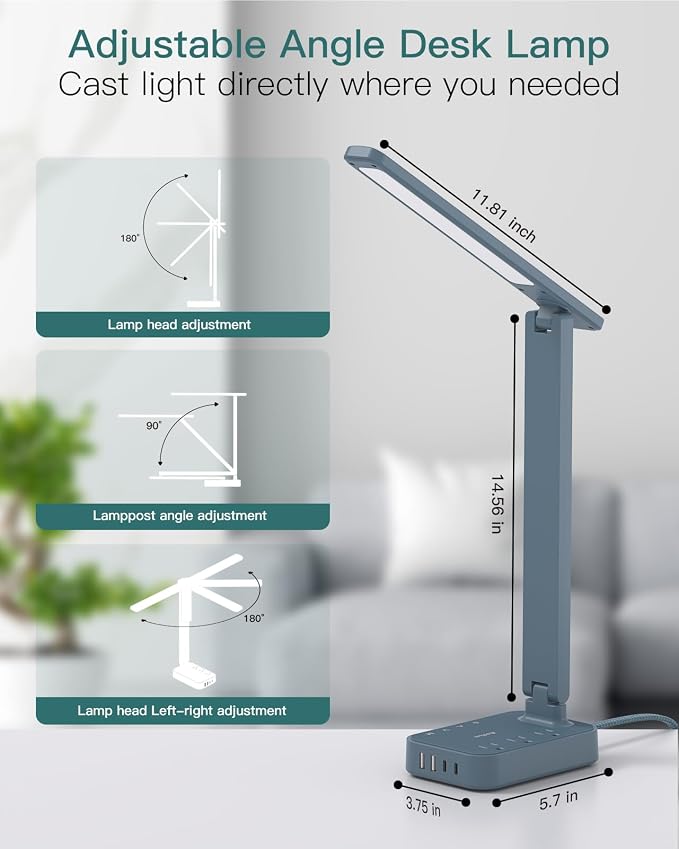 Addtam LED Desk Lamp, Power Strip with 3 Outlets 4 USB Charging Ports(2 USBC), 4 Modes 5 Level Brightness Touch Lamp, Small Desk Lamp for Home Office College Dorm Room Essentials, Blue - Image 4