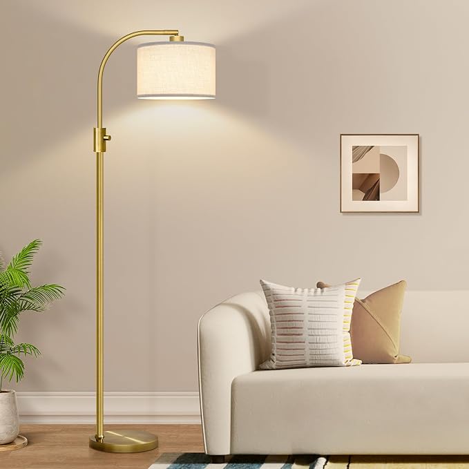 Nintiue Upgraded Modern Arc Dimmable Tall Standing Floor Lamp with Linen Shade, 1200 Lumens LED Bulb Included, for Living & Reading Room, Bedroom, Office & Nursery, Brass by Nintiue